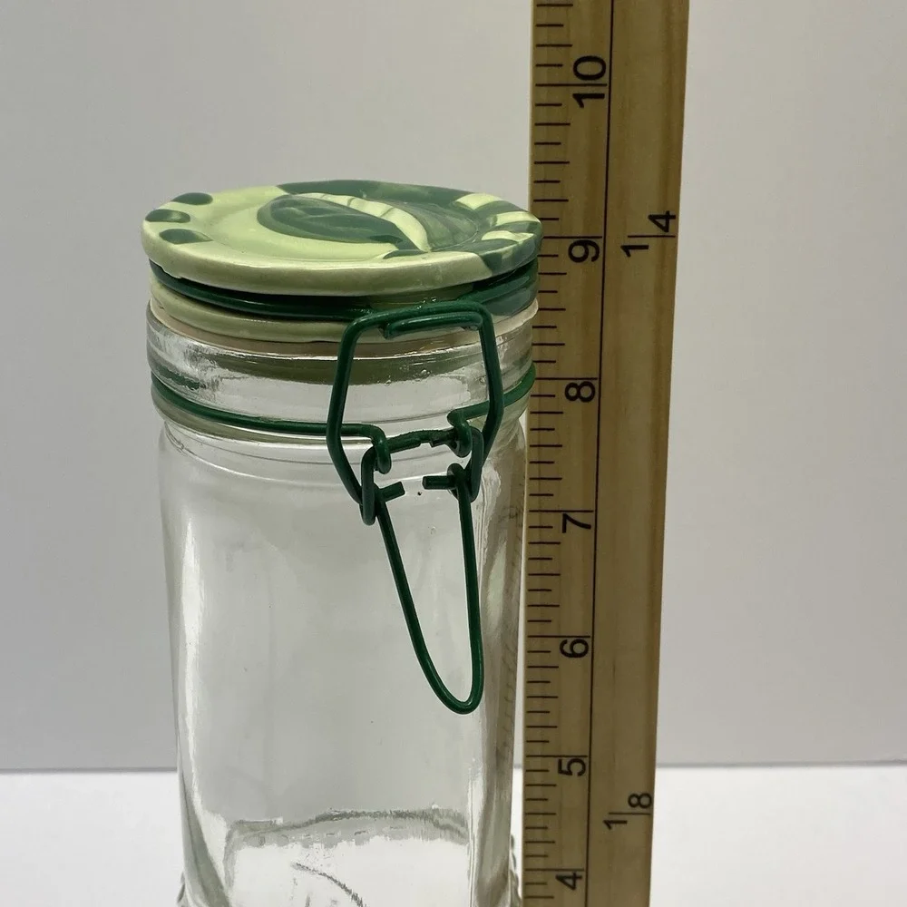 Vintage Glass Square & Round With Wire Bail @Clamp Bottle w/ Green‎ Leaf Cap